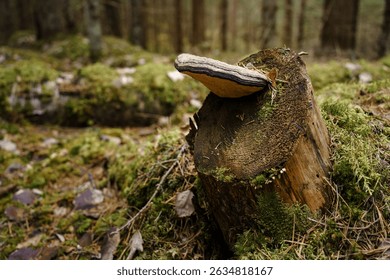 Fungus Phellinus igniarius, known as willow bracket, growing on a tree stump in forest in Evo, Hameenlinna, Finland