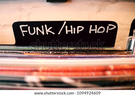Funk / Hip Hop Vinyl Placard, Music section in NYC Record Store 