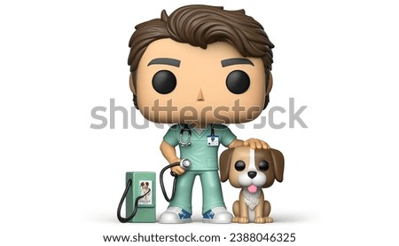 a Funko Pop figure designed as a friendly male veterinarian. With oversized head and warm smile, he wears a light blue scrub with a veterinary insignia, a stethoscope around his neck. Holding a small 