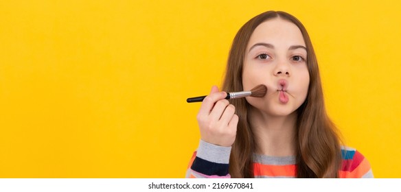 Funky beauty. Funny child apply makeup making fish lips. Makeup and visage. Childrens cosmetics. Cosmetics for teenager child, poster design. Beauty kids makeup, banner with copy space.