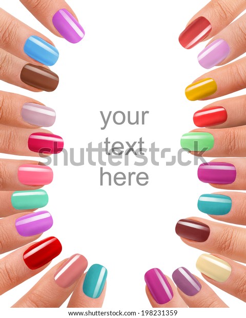 Funky fingers nail polish / photography of beautiful\
female fingers with manicure - isolated on white background with\
space for your text 