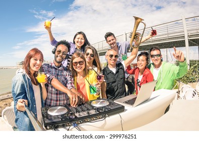 Funky Hipster People Taking Selfie And Having Fun Together At Beach Rave Afterhour Party - Summer Festival Moments With Young Disc Jockey Happy Friends - Dj Playing Trendy Sound At Open Air Disco Club