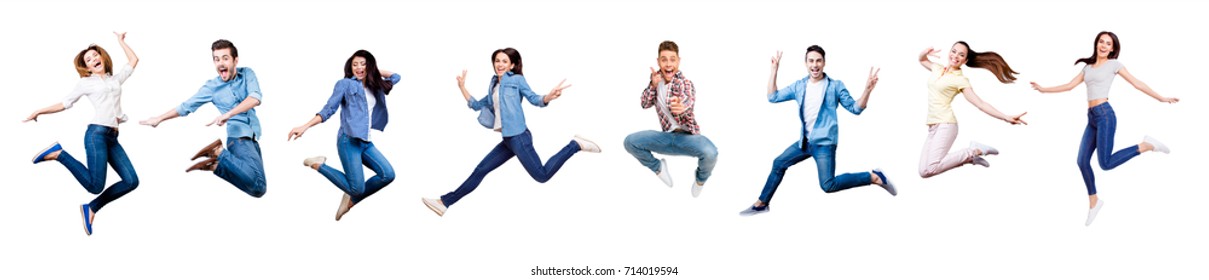 Funky, Joy, Diversity, Social Ethnic Concept. Collage Picture Of Different Nine Cheerful People Expressing Happiness, Jumping, Having Fun, Wearing Casual Clothes, Isolated On White Background