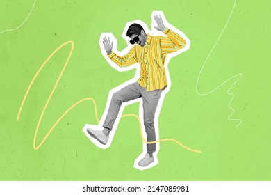 Funky picture image of cool dancing male black and white filter silhouette painting guy wear colorful bright clothes sun glasses