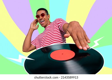 Funky stylish trend cartoon photo of amazing deejay guy playing old school record retro student chill entertainment stereo rave quality concert