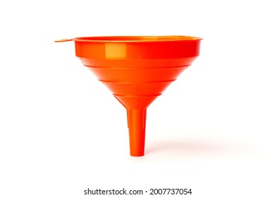 funnel isolated on white. red plastic funnel for liquids.