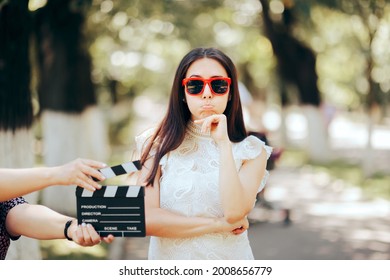 Funny Actress Forgetting Her Line Filming Outdoors. Professional Female Actor Giving A Bad Audition Performance For Casting Director
