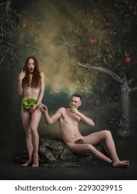 Funny Adam and Eve. Man and red haired charming woman in image of famous characters posing over vintage style background. Healthy food, art, creativity, beauty, eras comparison concept