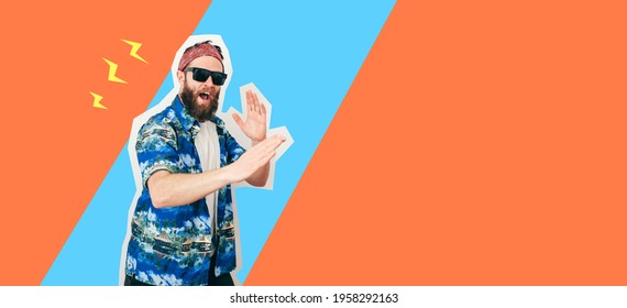 Funny adult man standing kung-fu karate pose and ready to attack. Collage in magazine style . Flyer with trendy colors, copyspace for ad. Discount, sale, season sales. Modern design, creative artwork - Shutterstock ID 1958292163