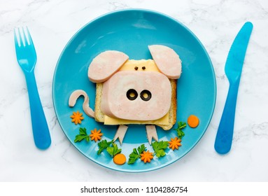 Funny Animal Sandwich For Kids Shaped Cute Pig With Cheese And Ham, Food Art Idea