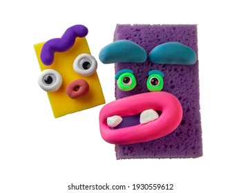 Funny Animated Sponges With Plasticine Eyes And Lips. Emotions Things