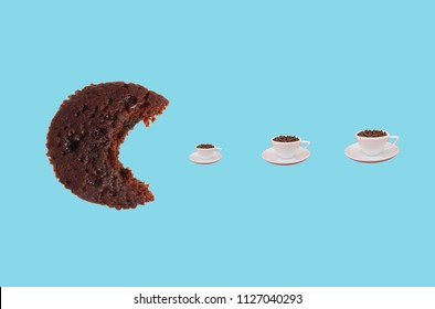 Funny Art Collage. Cake Bite And Cups Of Coffe.