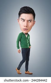 Funny Asian Big Head Man, Full Length Portrait.