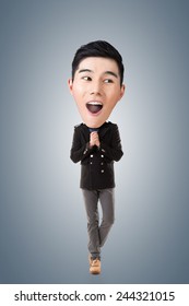 Funny Asian Big Head Man, Full Length Portrait.