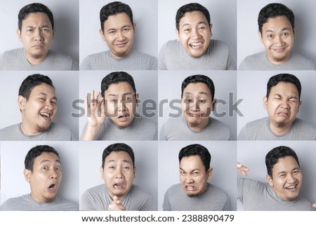 Funny Asian male with various face expressions, happy, smile, laugh, angry, hurt, crying in set collages