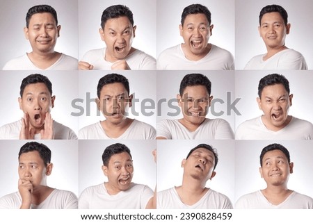 Funny Asian male with various face expressions, happy, smile, laugh, angry, hurt, crying in set collages