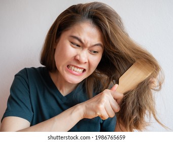 Funny Asian Woman Having Problem Of Her Thick Hair While Using Hair Brush. Thick Hair Weights More Than Thin Hair And Prone To Damage And Frizzy.