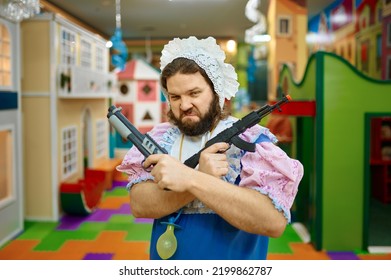 Funny Baby Man Criminal Posing With Toy Weapon