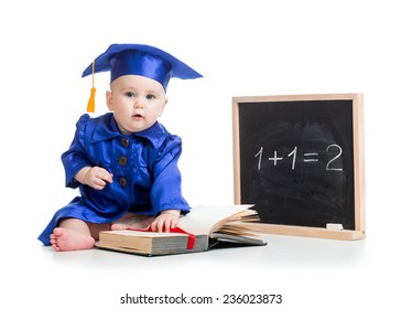 funny baby with open book in academician clothes at chalkboard isolated