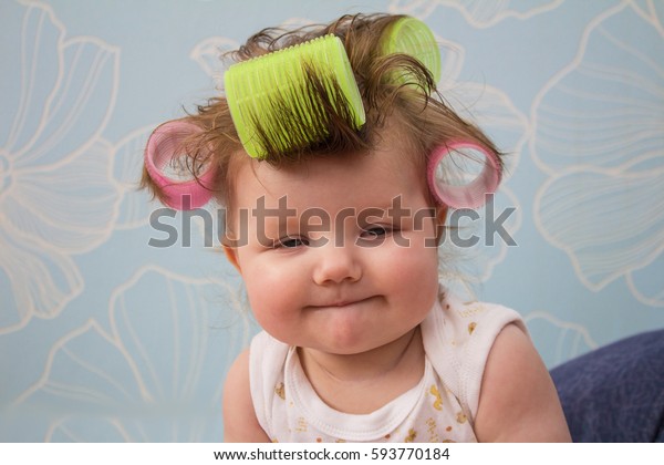 Funny Baby Smiles Curlers Her Hair Stock Photo Edit Now 593770184