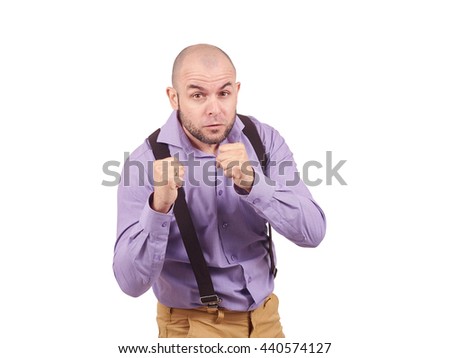 Funny bald businessman boxer.The conflict, anger, rival.