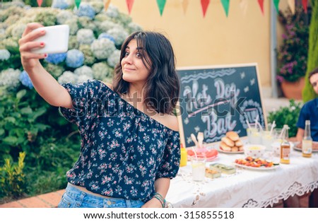 Similar – Young woman with closed eyes laughing over nature background