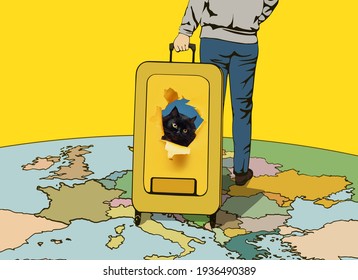 A Funny Black Cat Looks Out Of A Torn Hole In Yellow Paper. A Suitcase And A Young Woman Rolling It Going Across The Map Of Europe. Tourist Travel, Tourism, Migration And Emigration Transport Concept.