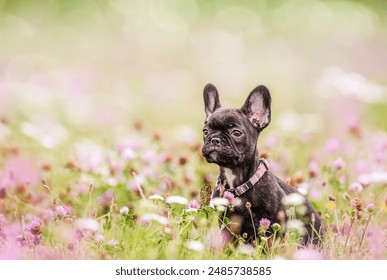 Funny Black French bulldog puppy in flower grass background. - Powered by Shutterstock