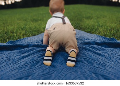 Funny Blond Baby Crawling In Beige Joggers On Suspenders, Rear View, Face Not Visible