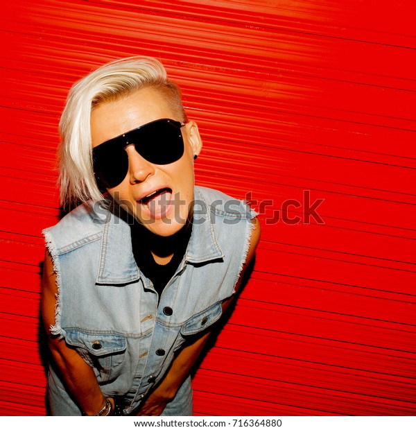 Funny Blonde Short Hair Stylish Denim Stock Image Download Now