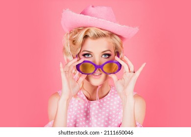 Funny Blonde Woman With Pink Cowboy Hat. Young American Cowgirl Woman Portrait.