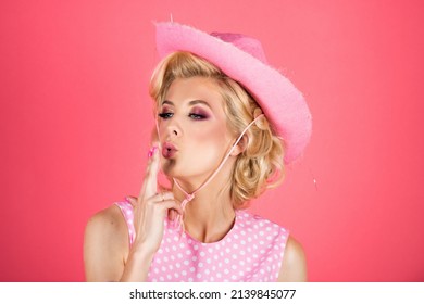 Funny Blonde Woman With Pink Cowboy Hat. Young American Cowgirl Woman Portrait.