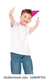 Funny Boy In Birthday Cap, Isolated On White Background