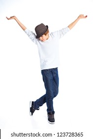 Funny boy dancing with a hat. Isolated on a white background.