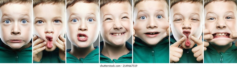Funny boy different faces. funny child collage. grimace emotion kid collection - Shutterstock ID 2149667519