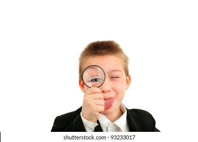 funny boy with loupe isolated on the white