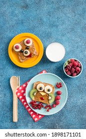 Funny Breakfast Toast For Kids Shaped As Cute Owl, Dog. Food Art Sandwich For Child. Isolated. Animal Faces Toasts With Spreads, Fruits