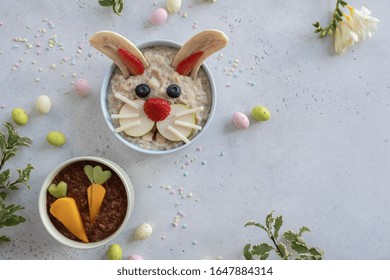 Funny Bunny Oatmeal Bowl With Fruits, For Kids Easter Breakfast