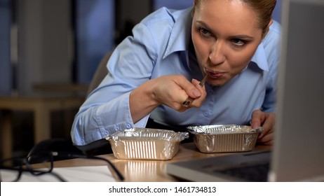 Funny Business Woman Eating Stolen Food, Hiding Under Computer, Lack Of Money