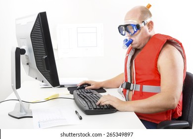 Funny businessman in diving mask and snorkel
