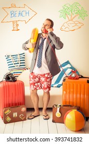 Funny Businessman Ready For A Summer Vacation. Man Having Fun At Home