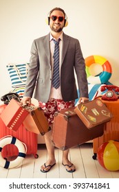 Funny Businessman Ready For A Summer Vacation. Man Having Fun At Home