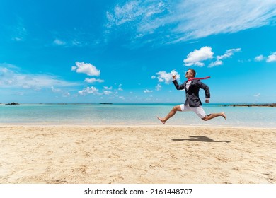 Funny businessman runs from office work on the beach. Summer holiday concept.