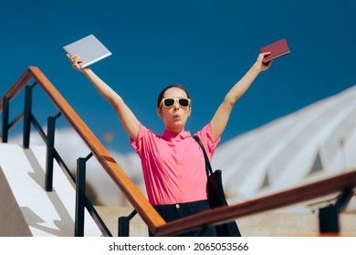 
Funny Businesswoman Holding Notebook and Tablet Outside. Successful overachiever girl feeling victorious celebrating 
