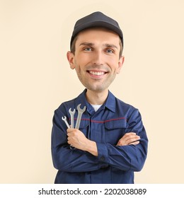 Funny Car Mechanic With Big Head On Light Beige Background