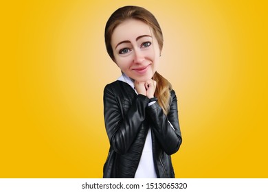 Funny caricature portrait big head of pretty woman with cute face and smile on yellow background