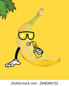 Funny cartoony banana drinking lemonade at summer vacation isolated over yellow background. Drawn fruit in cartoon style. Vitamins, holiday, humor. Concept of funny meme emotions, ad - Shutterstock ID 2048384732