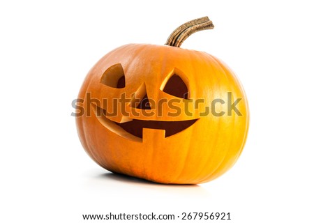 Funny carved Halloween pumpkin isolated on white background