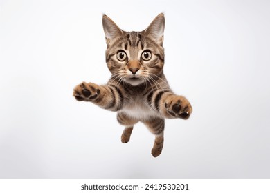 Funny cat flying. playful cat jumping mid-air looking at camera isolated on white background