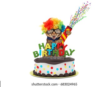 Funny Cat With Happy Birthday Cake, Wearing A Clown's Costume, Isolated On White Background.